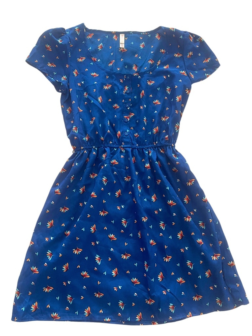 Cutest Blue Cap-Sleeve Mini Dress w/ Floral Motif - Medium